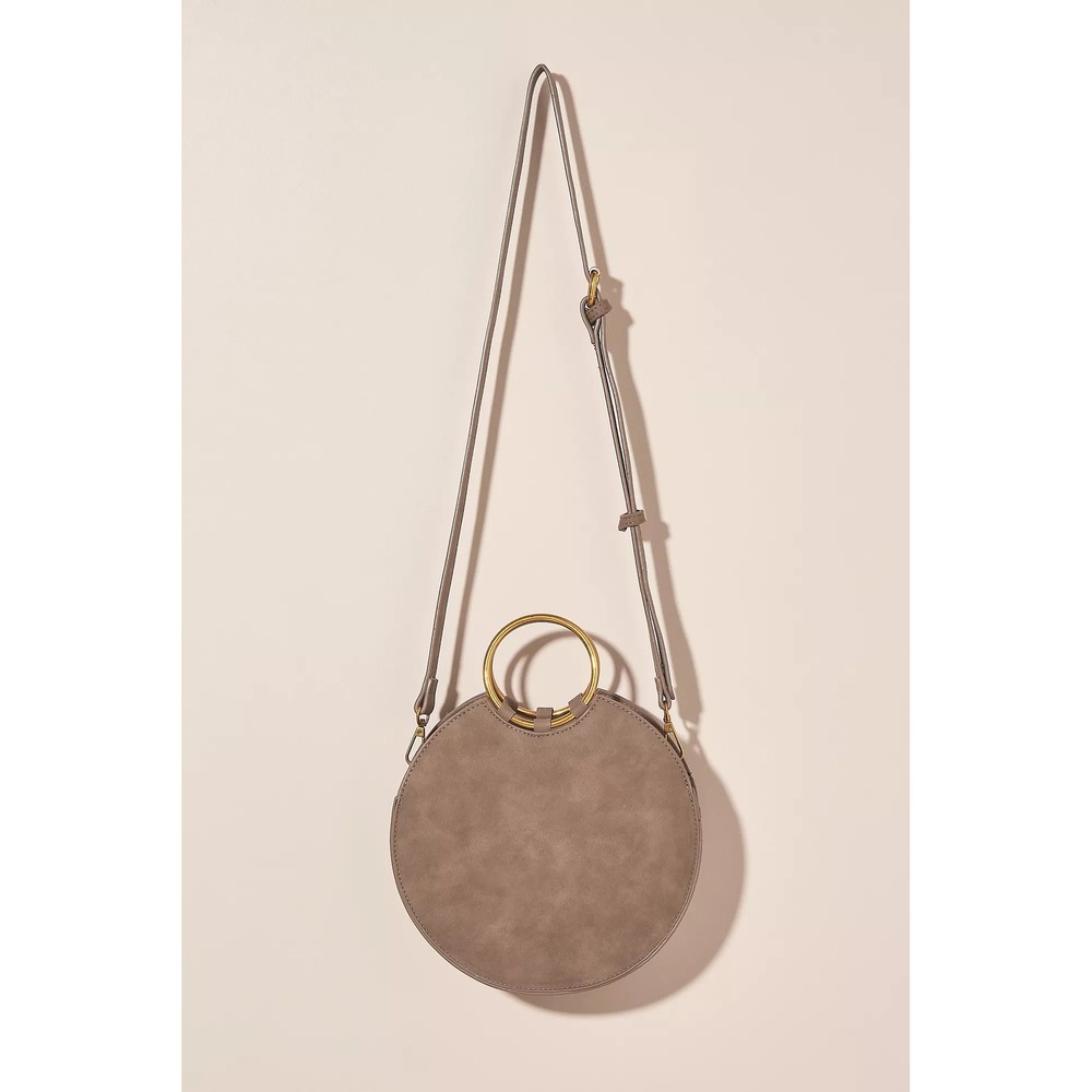 Anthropologie Shelly Round Whipstitched Crossbody Bag Brown Ring Handle